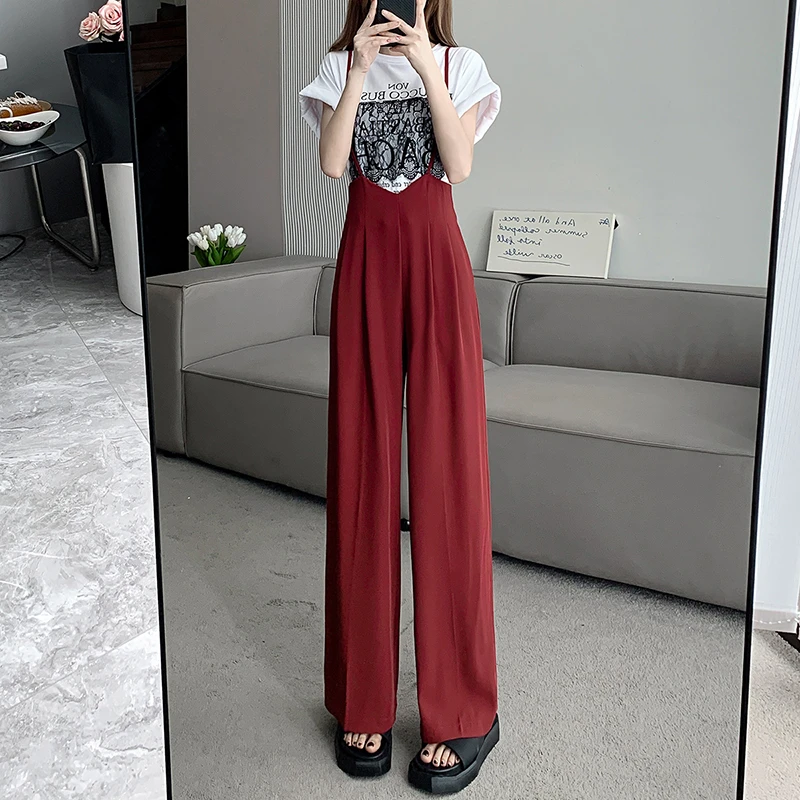 酒红色背带裤女春秋季薄款小个子阔腿裤高腰垂感西装裤直筒吊带裤