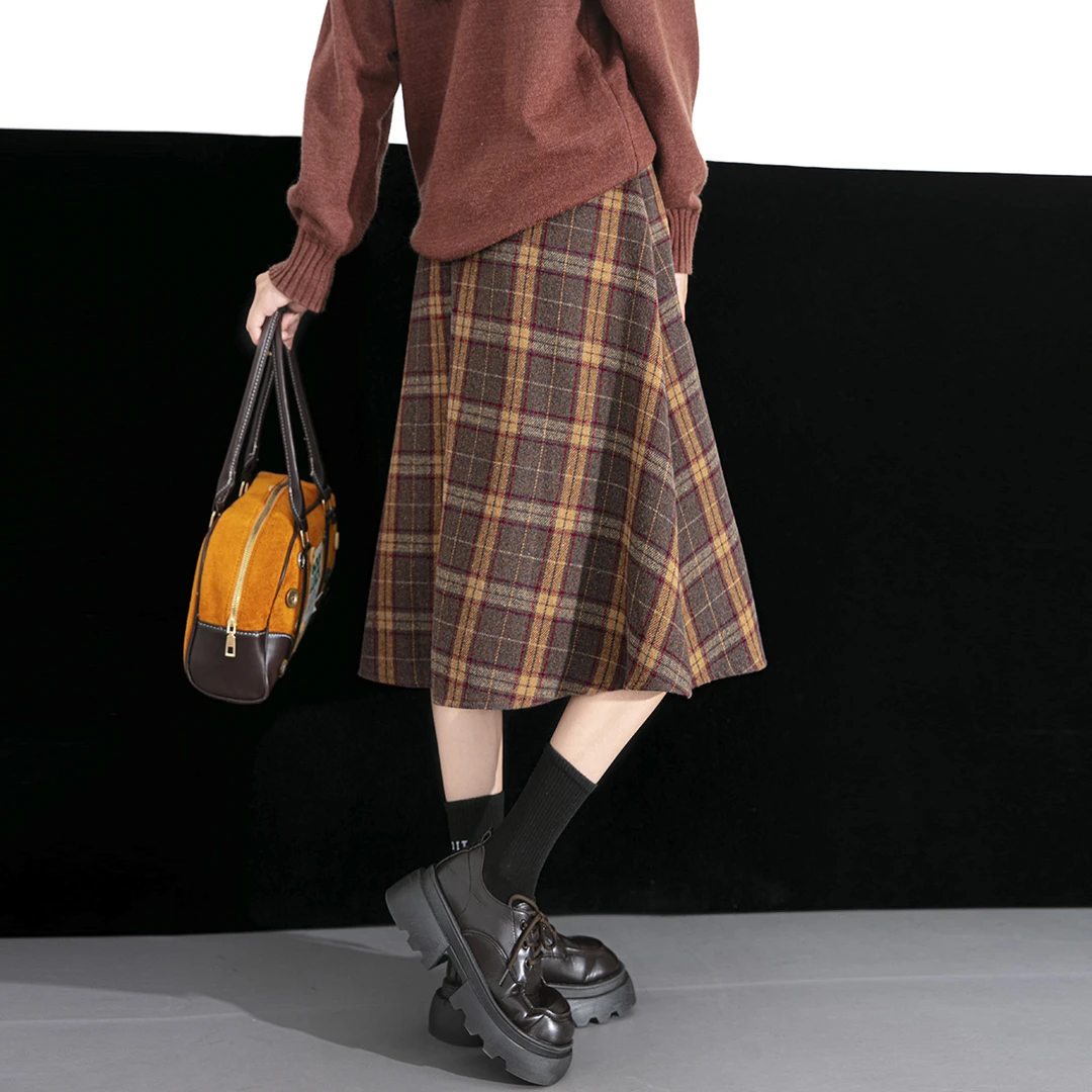 小个子咖色格子裙女春秋2025新款毛呢中长款a字伞裙高级感半身裙