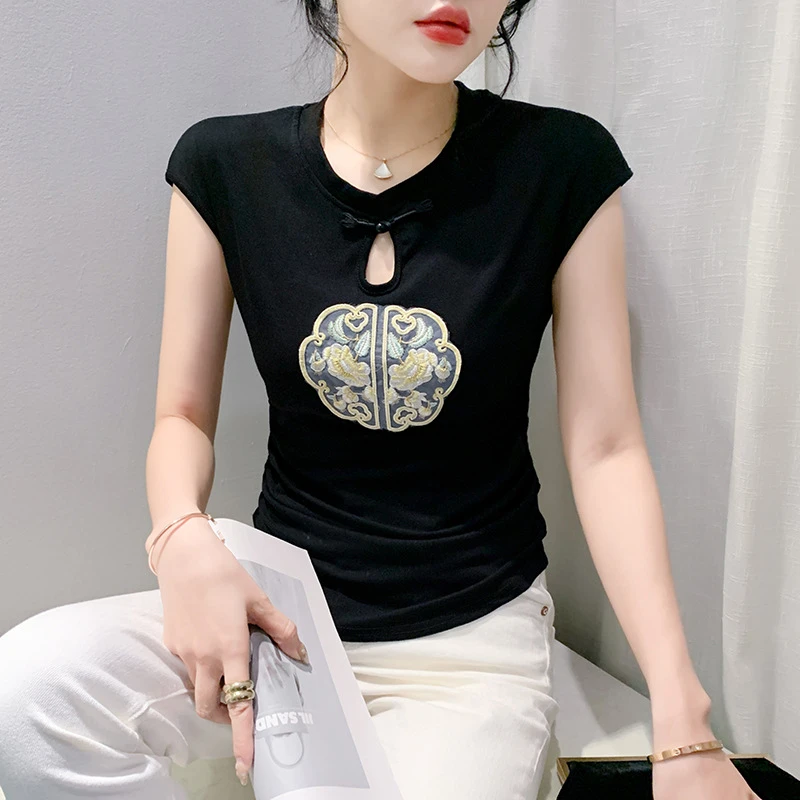 2024夏季新款修身显瘦旗袍无袖T恤女装中国风新中式盘扣镂空上衣