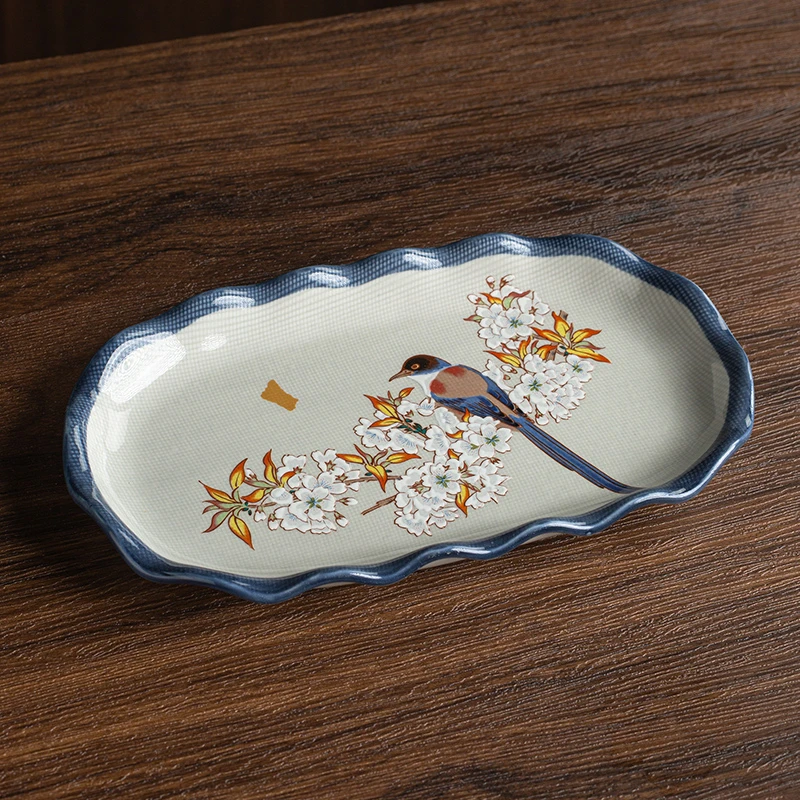 陋室忞 忞创意日式花鸟长方盘料理餐具饺子盘复古家用日料刺身盘