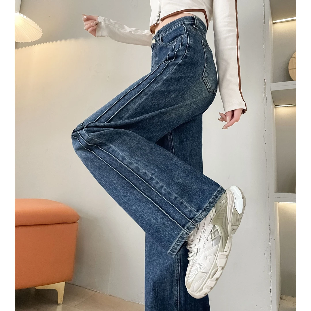 设计感阔腿牛仔裤女秋冬2025年新款高腰显瘦复古蓝宽松加绒直筒裤