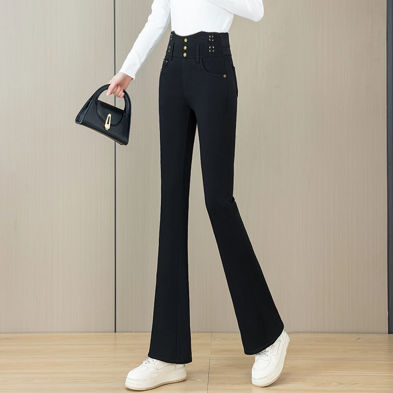 冬季加绒加厚微喇叭裤子女高腰显瘦百搭弹力遮肉保暖小黑裤9825北