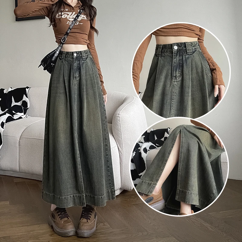 水泥灰开叉女新款半身牛仔设计感半身裙高腰遮胯牛仔裙半身裙百搭