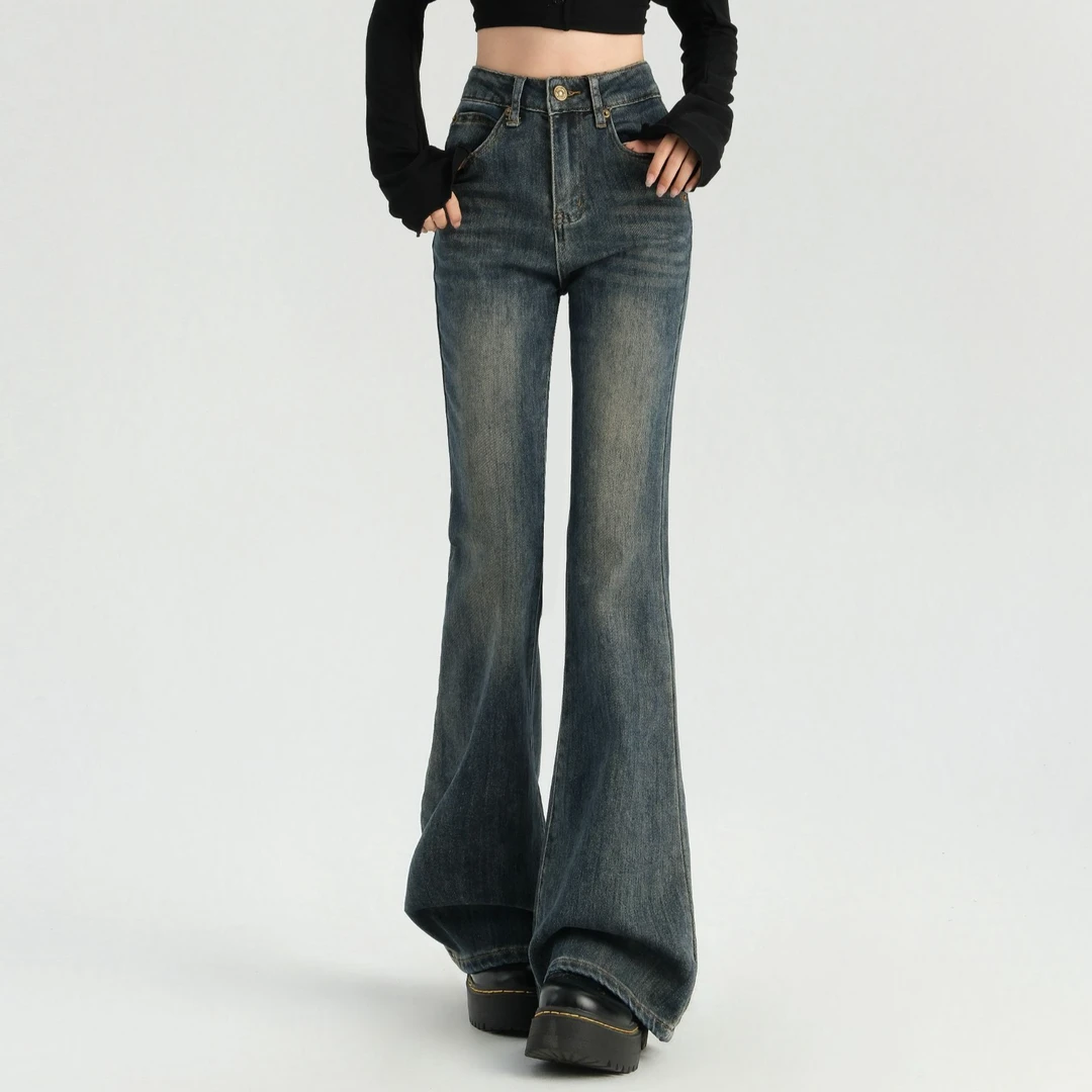 复古蓝高腰牛仔微喇裤女2024秋季新款钉珠设计垂感显瘦窄版喇叭裤