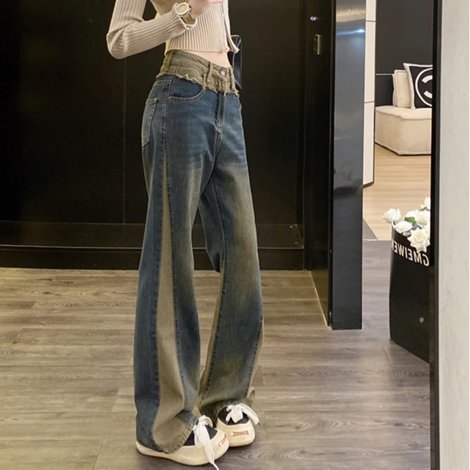复古微喇牛仔裤女春夏新款美式辣妹高腰显瘦撞色阔腿高腰牛仔裤