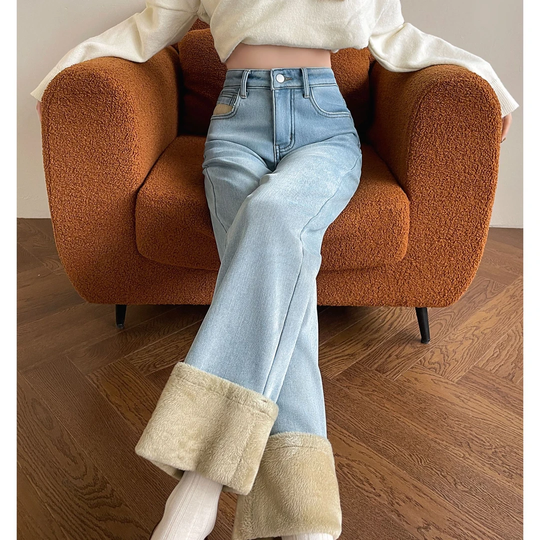 九分拼接毛边烟管牛仔裤女新款秋冬加绒高腰保暖显瘦百搭直筒裤潮