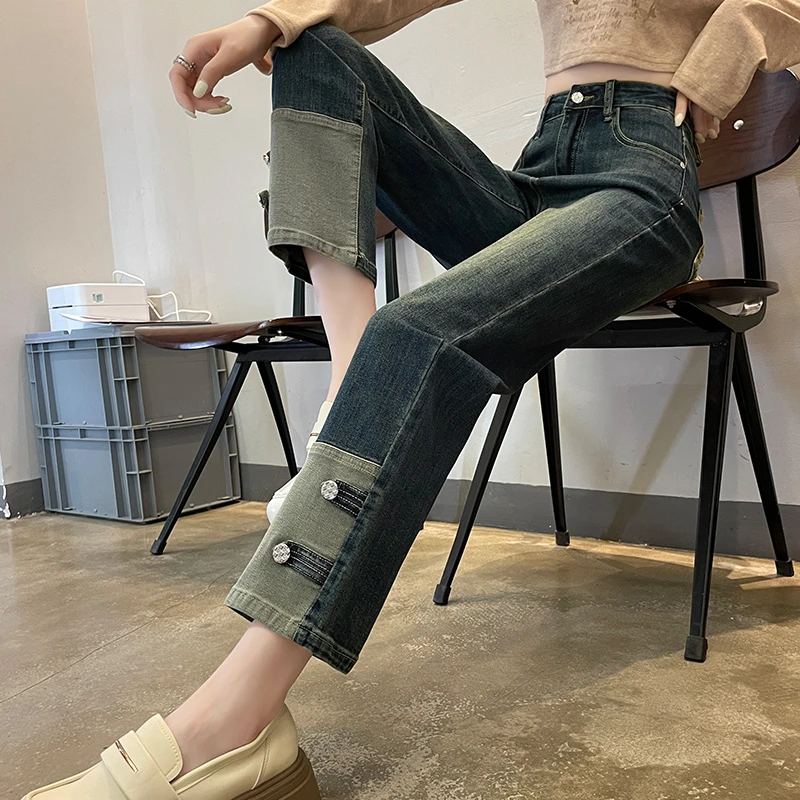 复古蓝休闲烟管牛仔裤女秋冬季高腰翻边小个子女款八九分窄版法棍