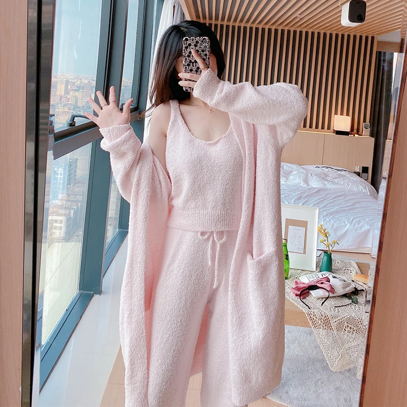 软绵绵睡衣女秋冬三件套保暖加厚开衫毛线针织家居服欧美ins