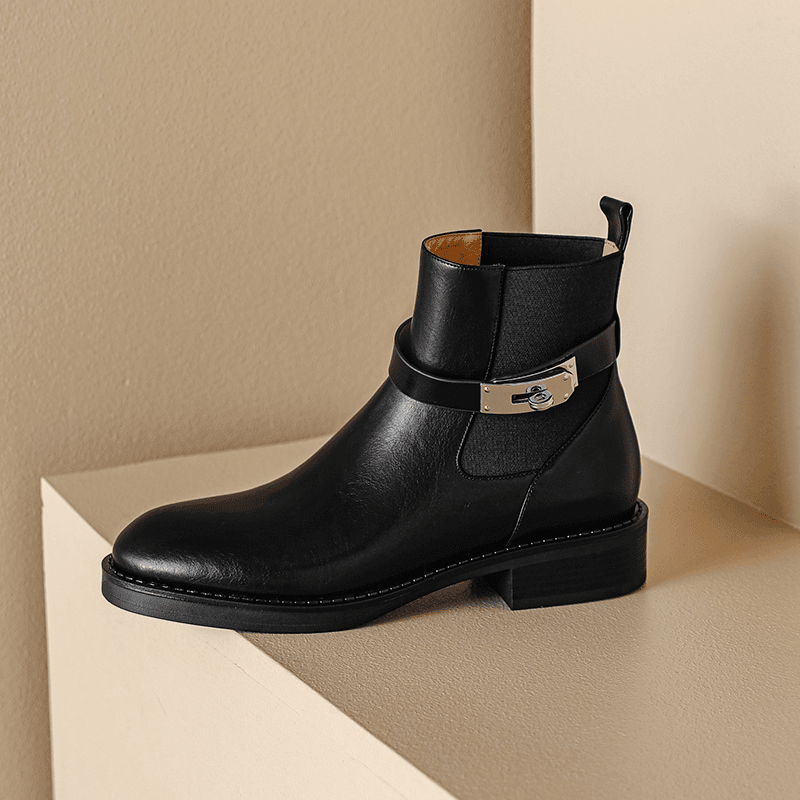 [XL518]3cm/牛皮切尔西靴女秋冬时尚英伦风圆头复古中跟短靴