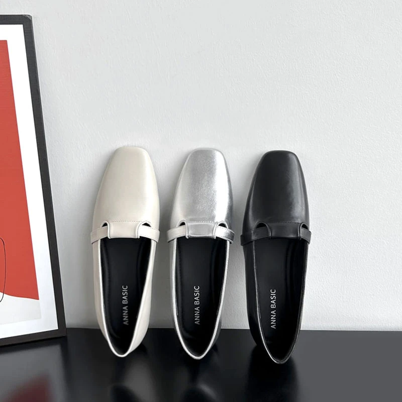 【现货】/ME1027/2cm牛皮平底单鞋女春秋季百搭真皮软底粗跟浅口