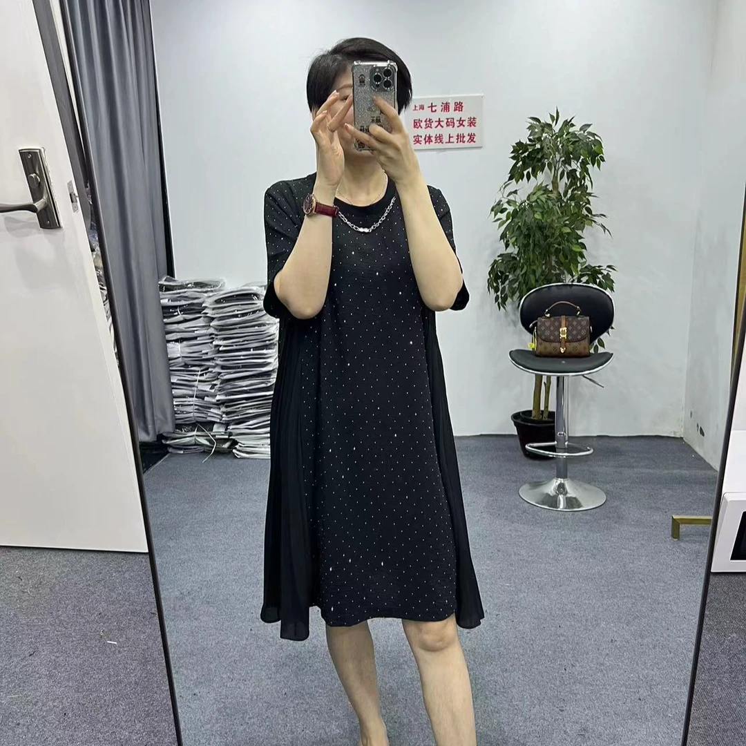 【丽丽家】夏季时尚闪钻满天星拼接显瘦连衣裙3703