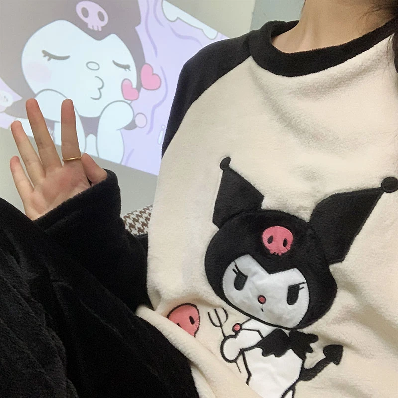 2023新款韩版宽松加绒卡通少女睡衣甜美小个子珊瑚绒家居服套装