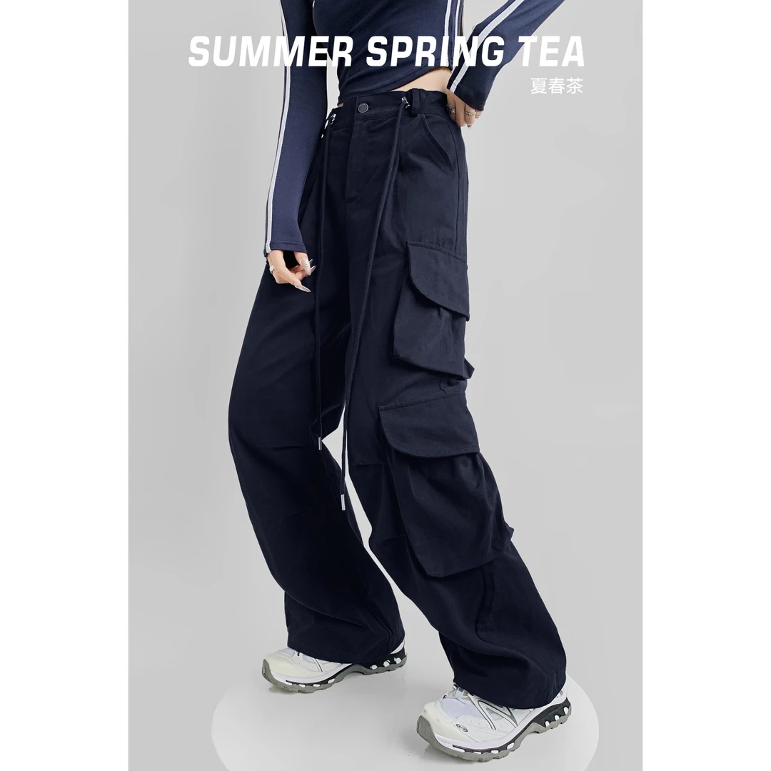 夏春茶秋冬新款美式辣妹工装裤女高腰显瘦设计感直筒休闲阔腿裤子