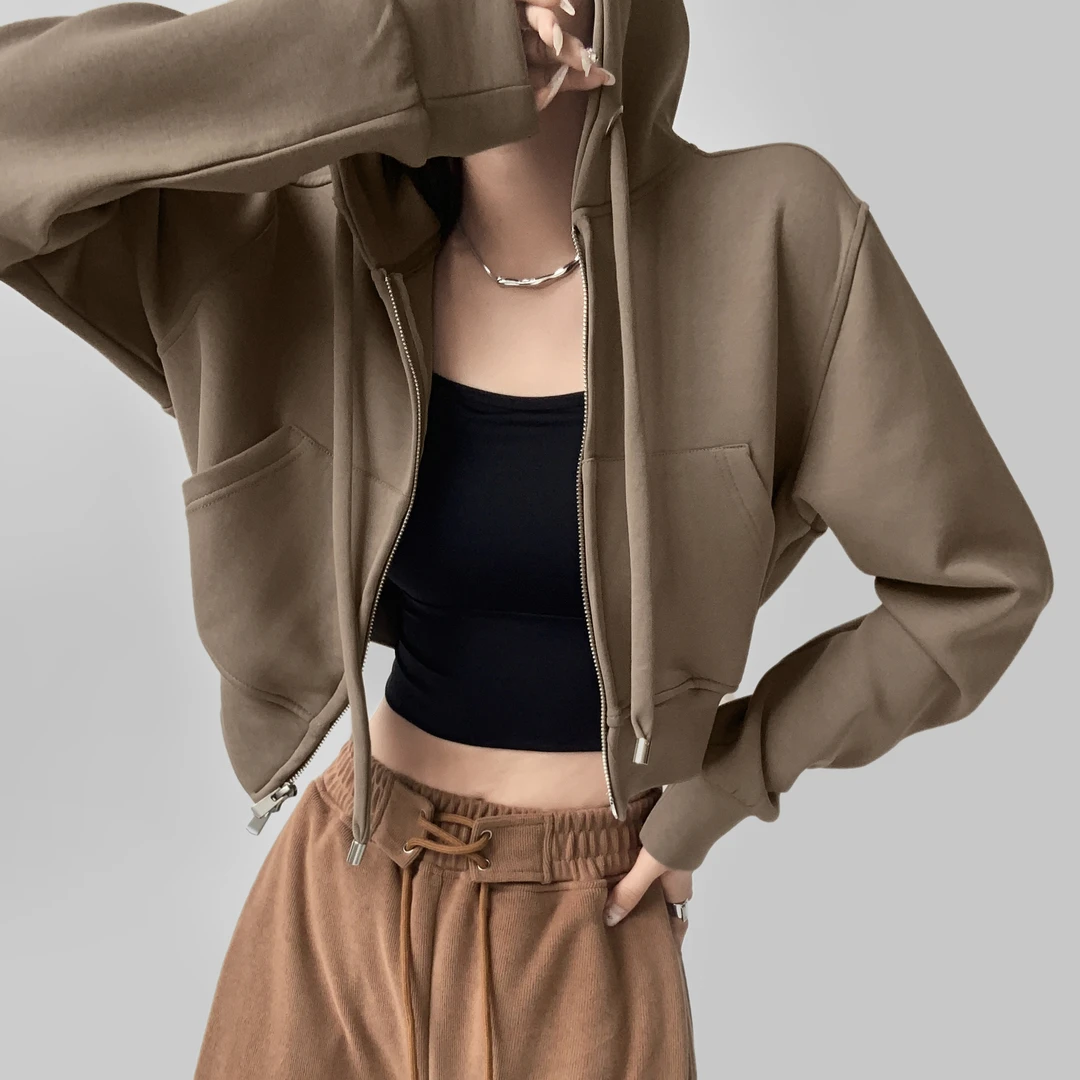 夏春茶慵懒风连帽卫衣女秋季穿搭宽松休闲拉链外套显瘦长袖上衣潮