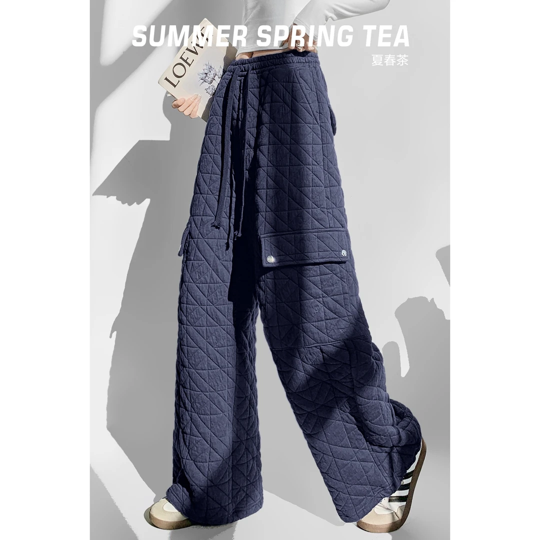 夏春茶设计款压线菱格防寒夹棉加厚阔腿长裤女厚实遛弯保暖休闲裤