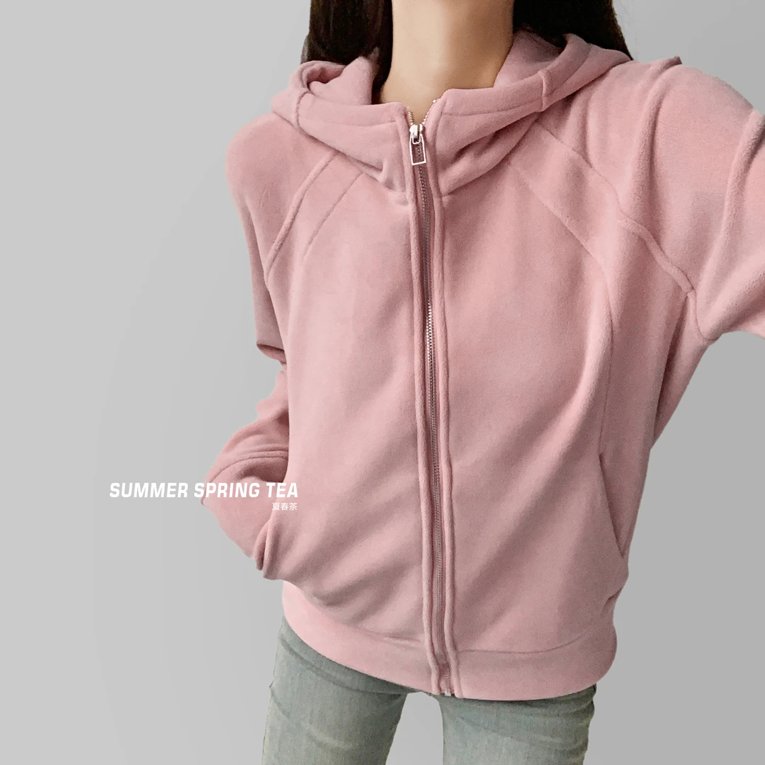 夏春茶美式复古小众连帽开衫卫衣外套女秋冬加厚修身显瘦拉链上衣