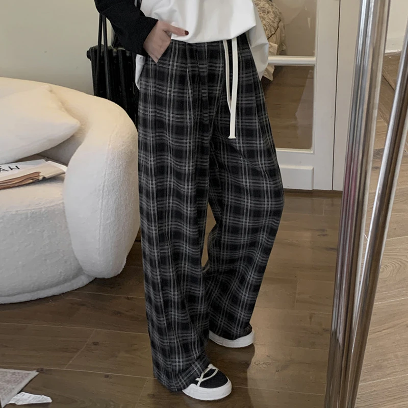 慵懒松弛感格子休闲裤女2024秋季新款高腰裤子宽松长裤显瘦阔腿裤