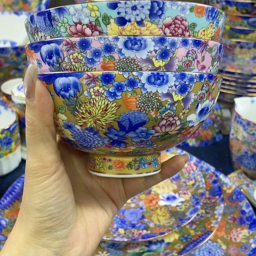 【闪购商品】陶瓷碗13厘米粉2金2蓝2