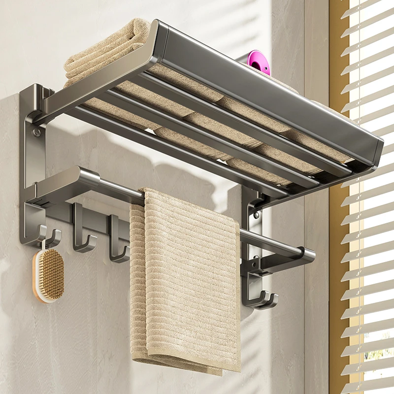 枪灰毛巾架卫生间免打孔浴室置物架浴巾架厕所卫浴架子洗手间加宽