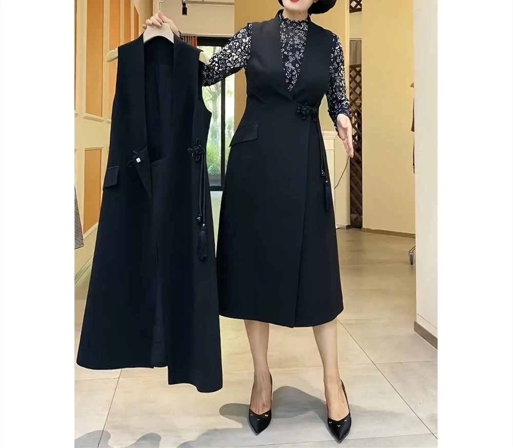 复古中式盘扣西装马甲连衣裙欧货2025新款时尚V领无袖显瘦背心裙