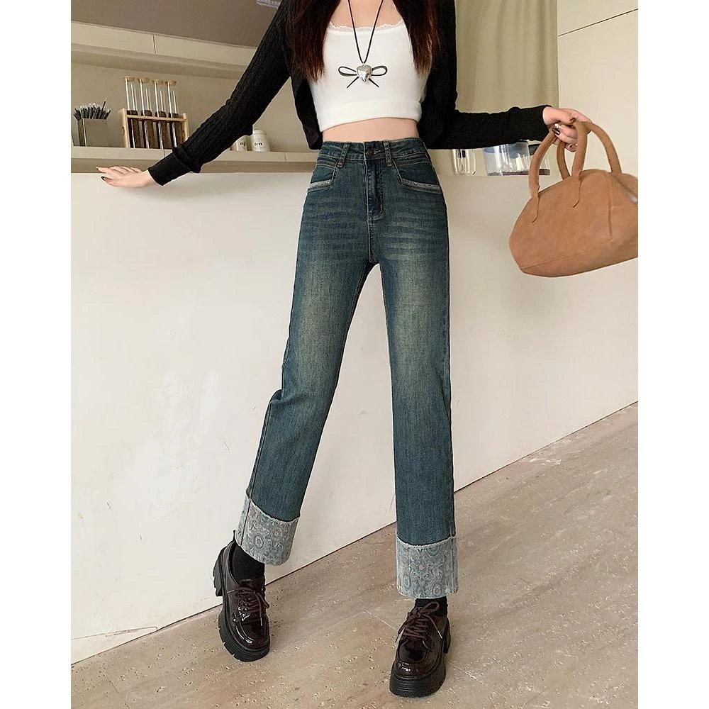 65469秋季新款胖妹妹大码女装显瘦高腰卷边直筒小个子九分烟管裤