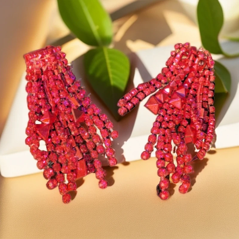 铜合金仿水晶耳饰 个性玫粉色流苏钻钻耳夹气质网红轻奢时尚重工