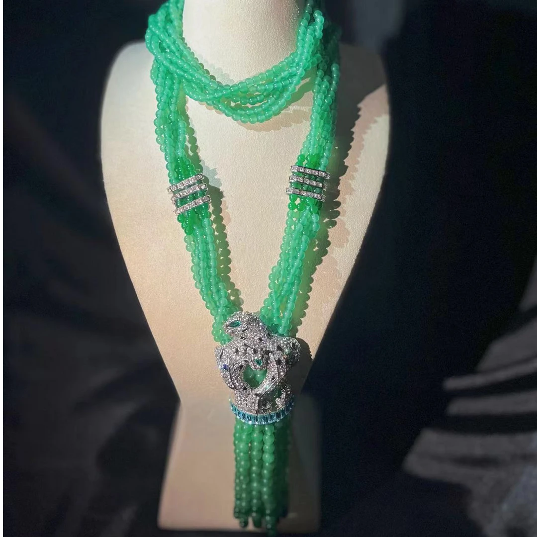 铜合金亚克力项链 【伊琳饰品】双豹绿珠项链手工气质百搭坠链