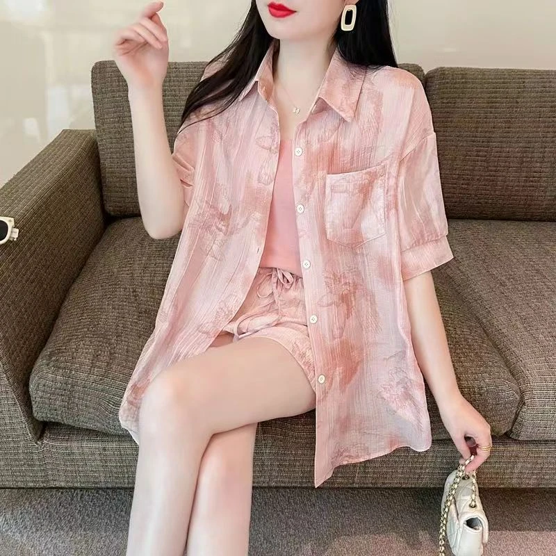 时尚套装女2024夏季新款扎染印花POLO翻领上衣防晒衬衫短裤两件套