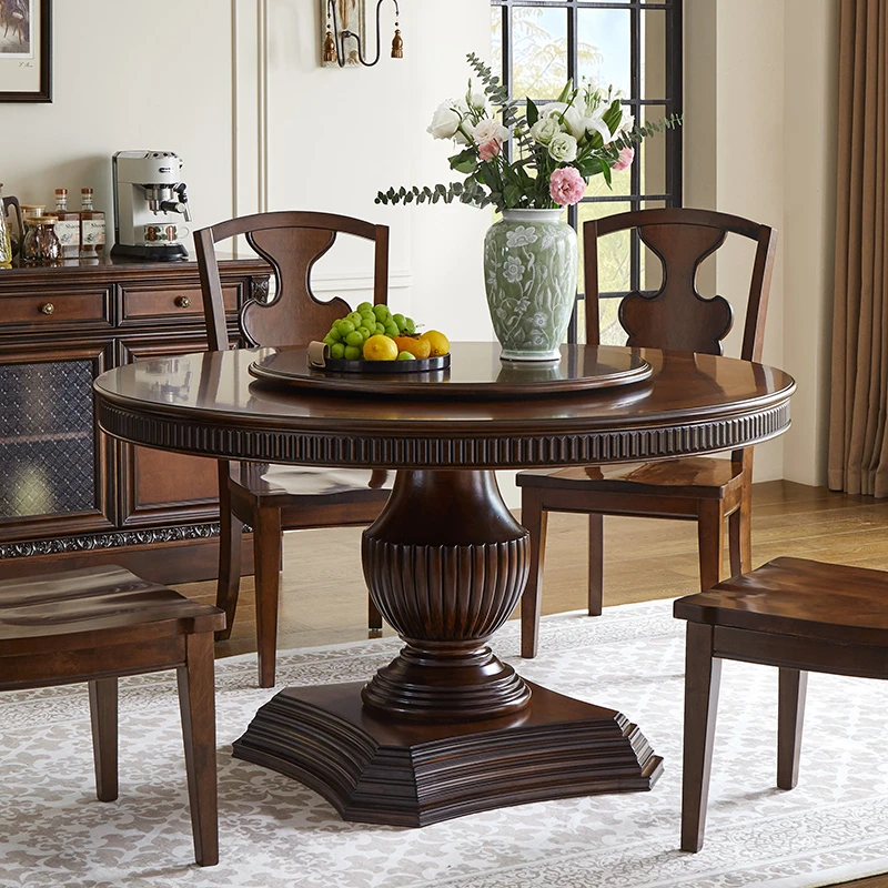 美式圆餐桌椅组合纯实木1.5米别墅圆桌餐厅家具1.4米雕花圆形桌子