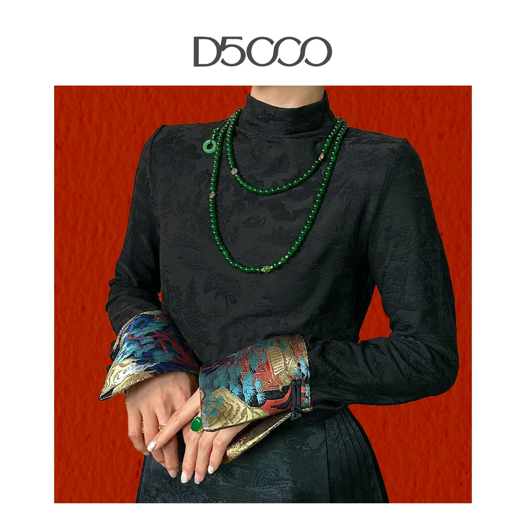 D5000【秋颜针织衫】立领黑色长袖针织衫女提花圆领黑春夏百搭时尚