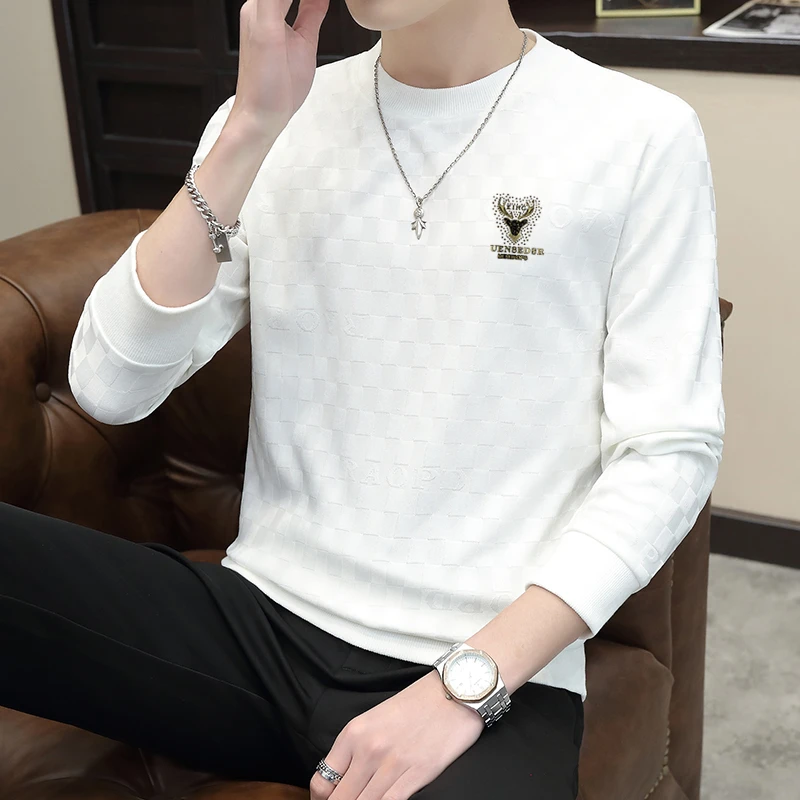 欧货烫钻男士卫衣潮牌针织提花休闲长袖T恤圆领套头打底衫秋装