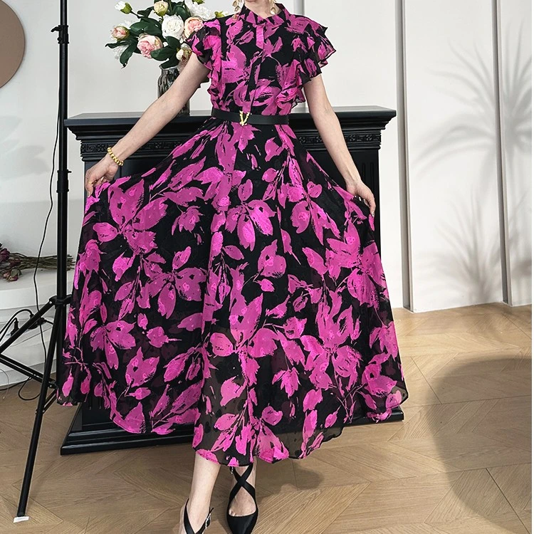 【米拉专属】夏季新款法式名媛复古翠花长宽收腰显瘦气质连衣裙6467