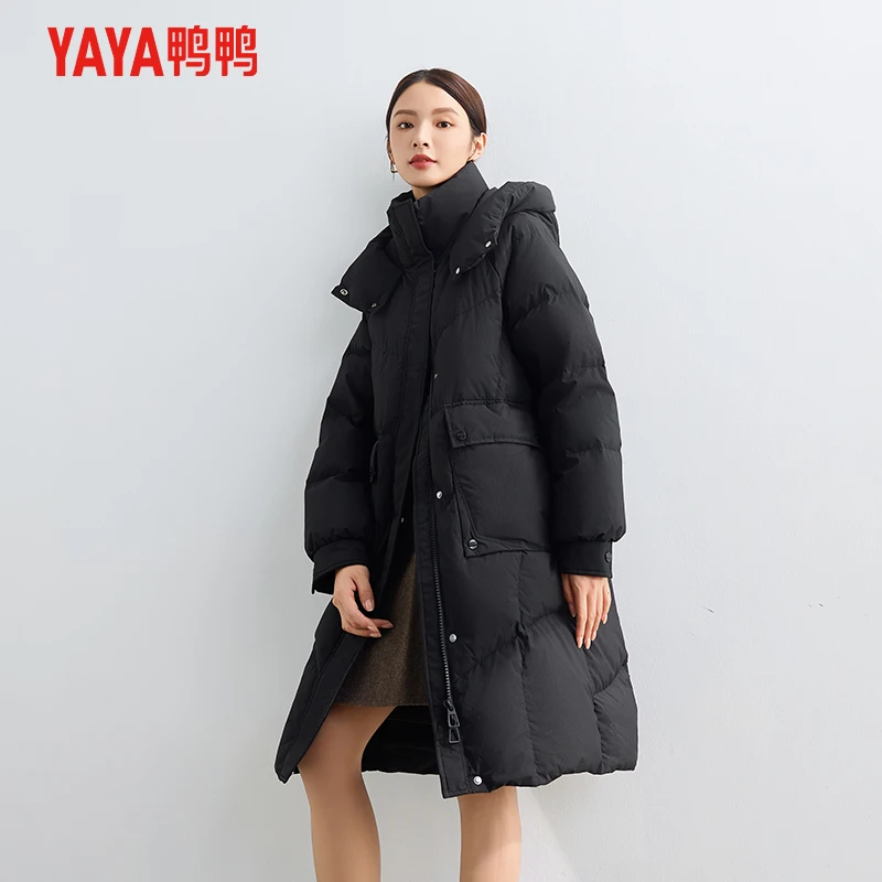 YAYA/鸭鸭羽绒服女中长款2024冬季/新款时尚潮流百搭宽松连帽外套