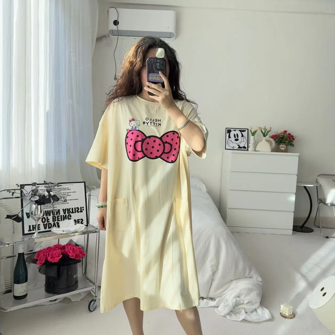 蝴蝶结猫咪新款休闲时尚加肥加大睡裙女士气质卡通印花家居服