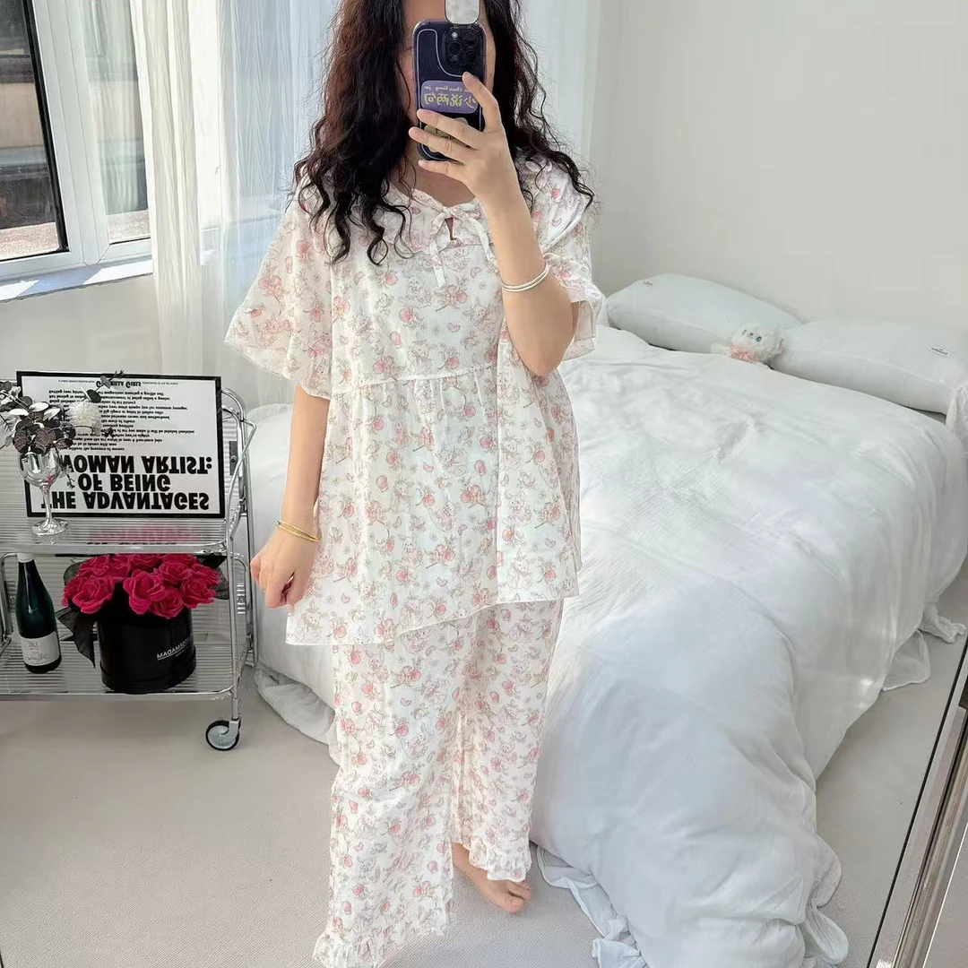 新款小清新短袖长裤女士甜美公主菲边领花卉满印时尚宽松家居服