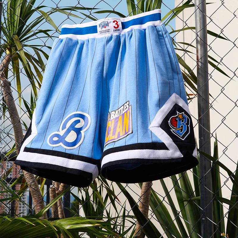 Battles 条纹重磅毛圈刺绣户外运动短裤立体印花休闲裤男