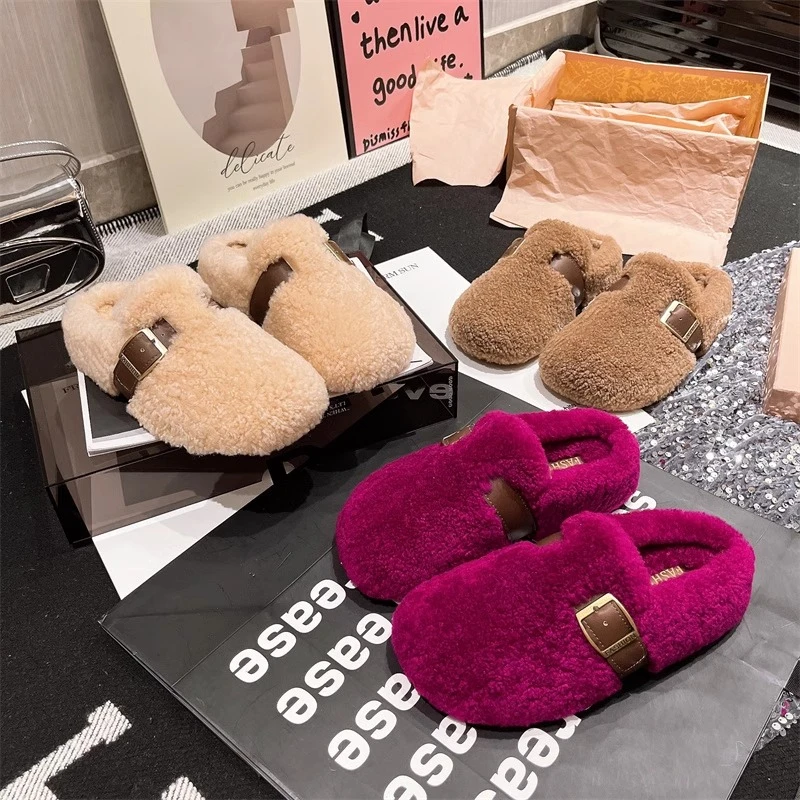 羊羔绒毛毛拖鞋女外穿包头懒人半拖鞋丑萌鞋秋冬加绒保暖加棉拖鞋