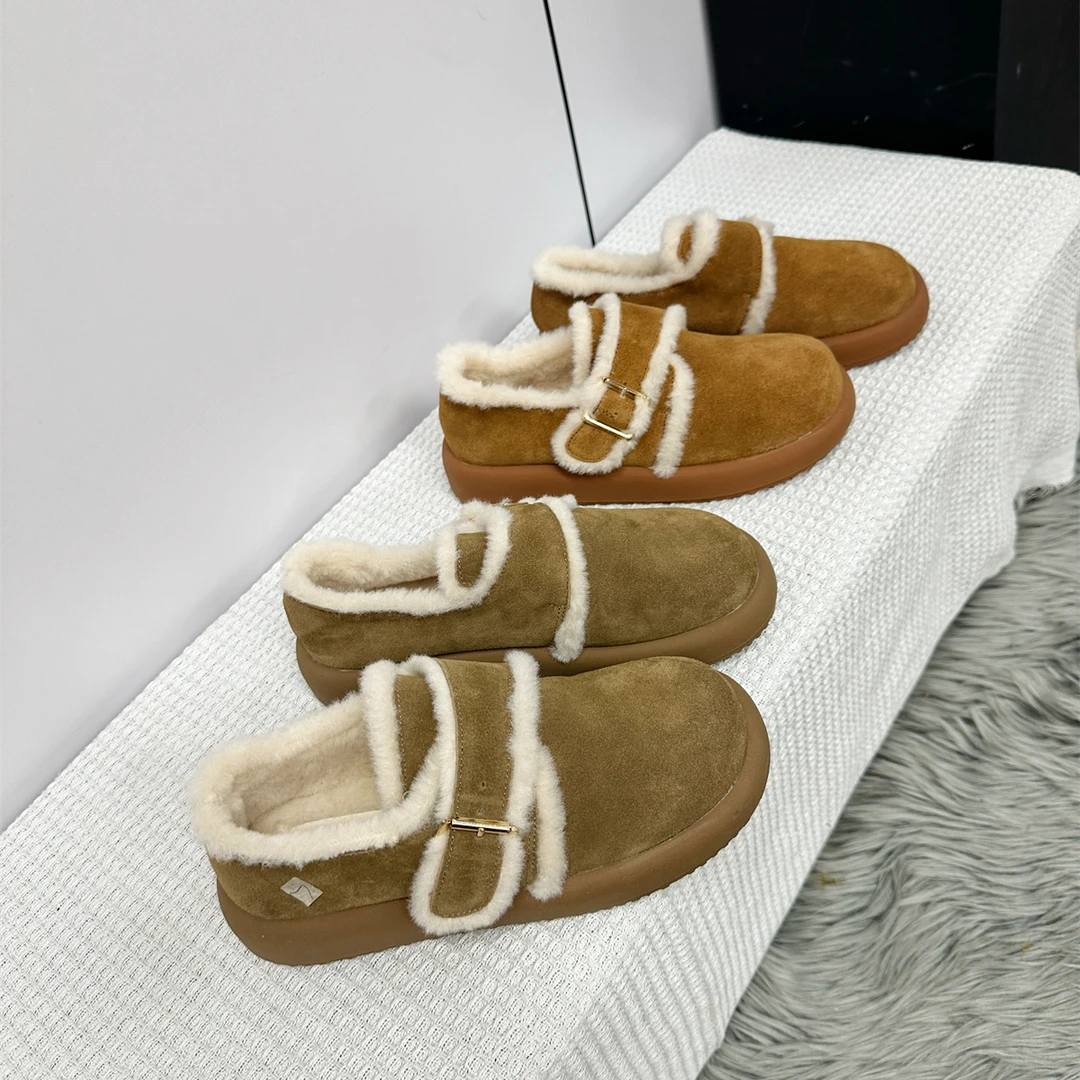厚底真皮勃肯鞋女加绒洋气复古一脚蹬棉鞋毛毛鞋女冬外穿乐福鞋子
