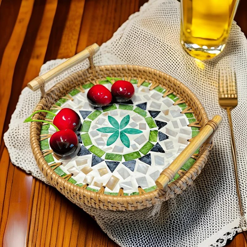 贝壳提耳托盘水果茶具收纳托盘圆形草编椭圆编织家用托盘收纳托盘