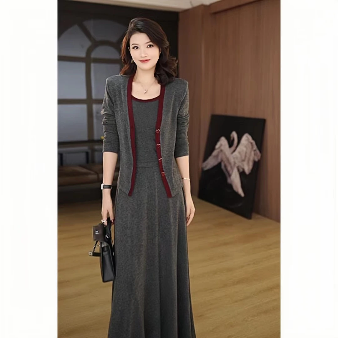 【莫奈玫瑰】2025新款撞色打底吊带开衫外套高腰半身裙三件套女