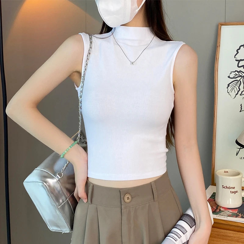 螺纹白色半高领修身吊带背心女春夏外穿短款显瘦内搭无袖打底上衣