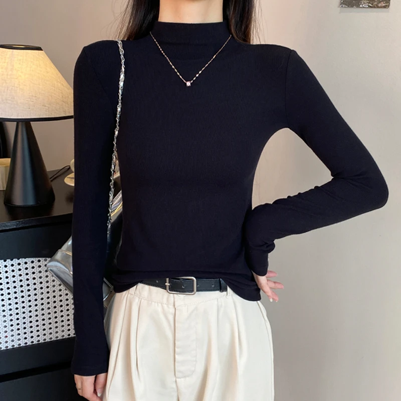 螺纹针织半高领长袖打底衫女秋冬洋气内搭t恤修身显瘦百搭上衣潮