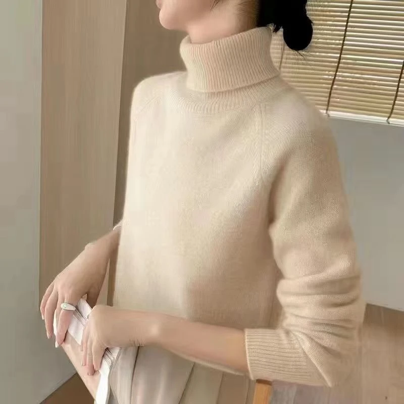 鄂尔多斯市秋冬高领毛衣女100纯羊绒衫宽松加厚翻领冬季纯色毛衫