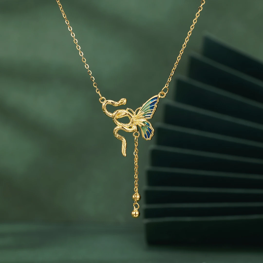 世纪缘珠宝 坠链均925银珐琅 灵蛇与蝶2025新款生肖烧蓝古法小众