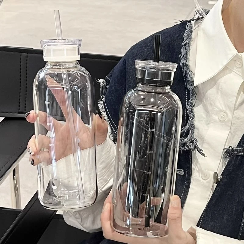 大容量刻度玻璃杯高颜值吸管水杯简约随身杯便携玻璃水杯咖啡杯子
