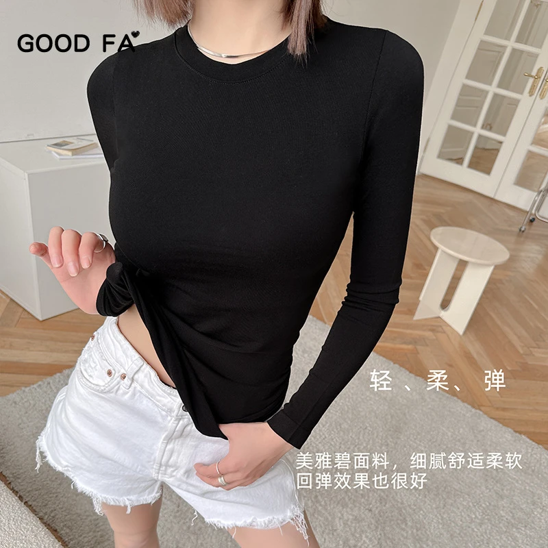 HennyRue微透欧美风无缝弹力超零感显瘦紧身小圆领打底衫 23300