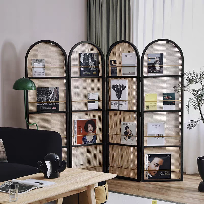 中式复古实木藤编屏风客厅正对门卧室入户隔断玄关遮挡折叠杂志架