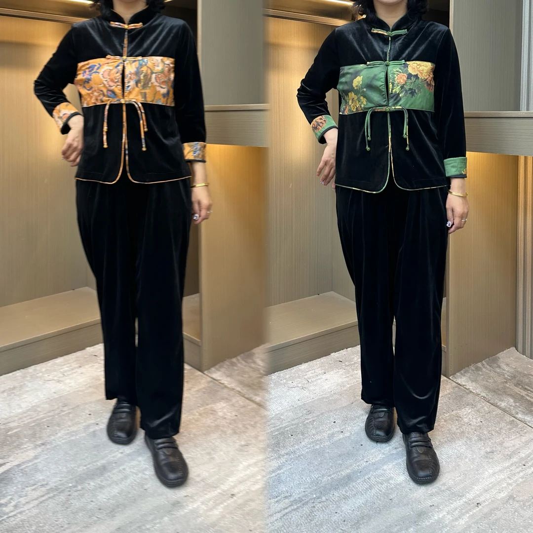 2024春秋季新款丝绒套装女中式国风宽松休闲弹力复古中老年女装