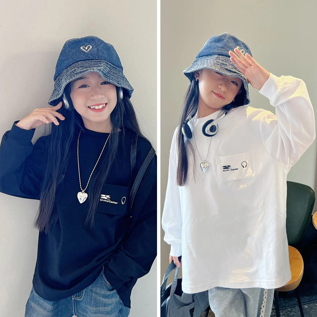 MIKA 2024秋新款中大男女童基础款校园字母刺绣圆领长袖T恤MK087