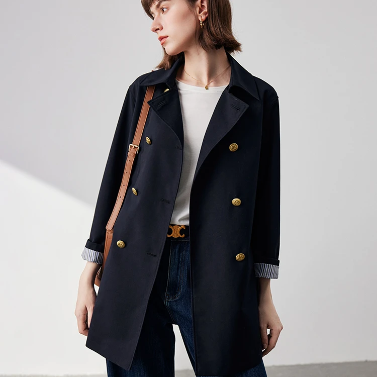 【欧黎蔓】时尚藏青色双排扣新款英伦风风衣春秋气质中长款上衣外套
